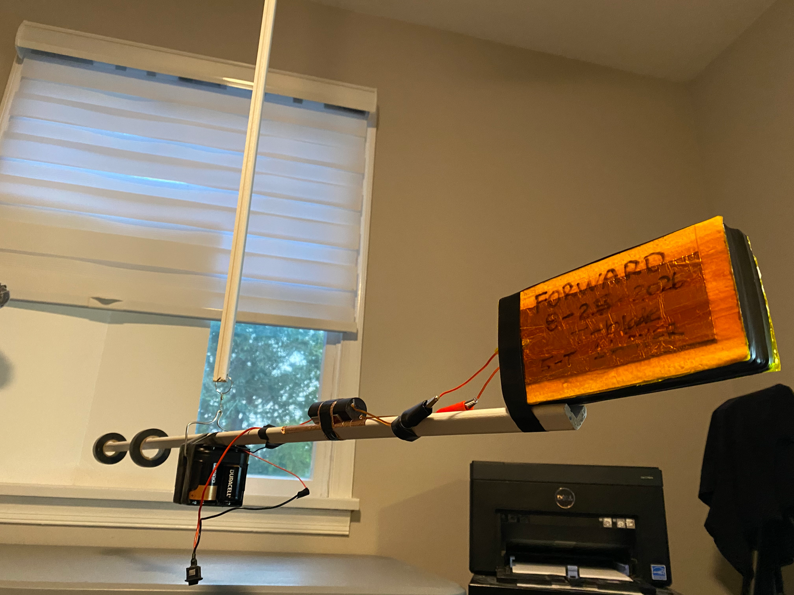 Fan-built T-Blade thruster suspended for rotation testing